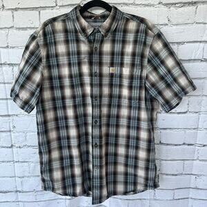 Carhartt Men Essential Button Down Relaxed Fit Short Sleeve Plaid Shirt Large